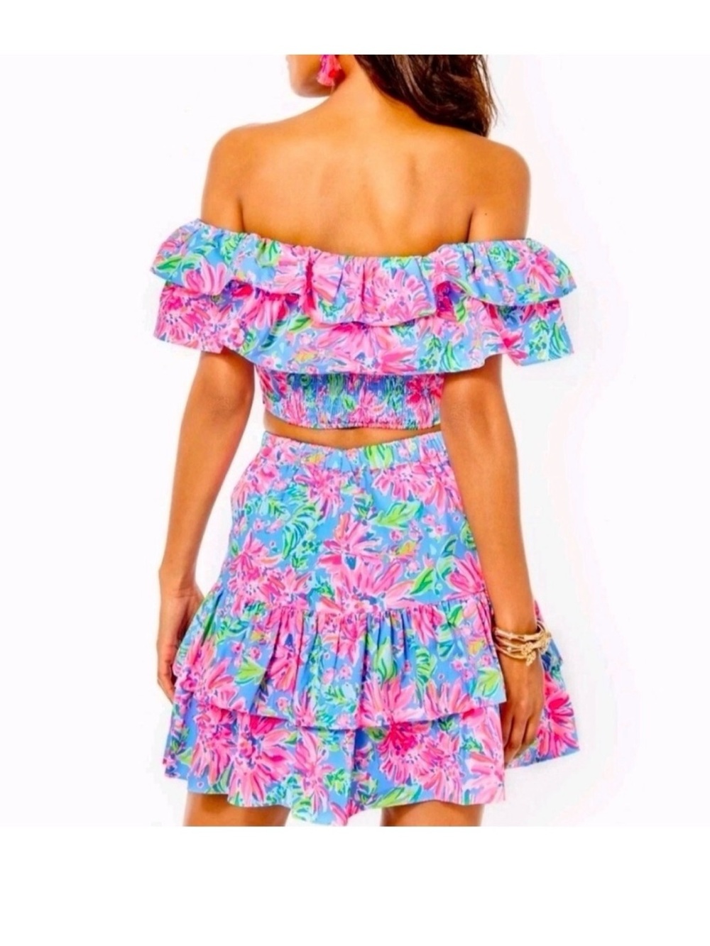 Lilly Pulitzer EUC Mayslie bright pink Ruffle 2 Piece Top and Skirt size 4 - Picture 2 of 5